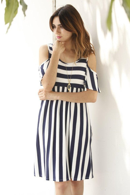 Cold shoulder stripe swing dress Navy S by EG fashion | Fleurcouture