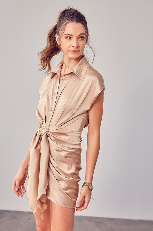 Collar Button Up Front Tie Dress TAUPE Dresses by Do + Be Collection | Fleurcouture