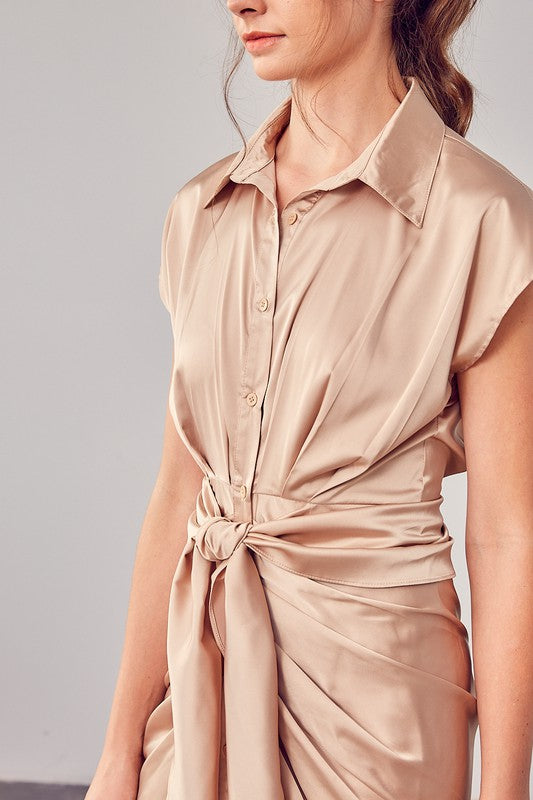 Collar Button Up Front Tie Dress TAUPE Dresses by Do + Be Collection | Fleurcouture