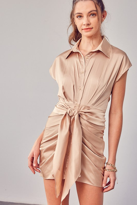 Collar Button Up Front Tie Dress TAUPE S Dresses by Do + Be Collection | Fleurcouture