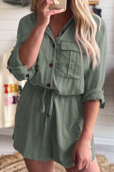 Collared Neck Drawstring Roll-Tab Sleeve Romper Gum Leaf S Romper by Trendsi | Fleurcouture