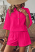 Collared Neck Half Sleeve Top and Shorts Set Hot Pink S Women&