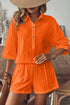 Collared Neck Half Sleeve Top and Shorts Set Orange S Women&