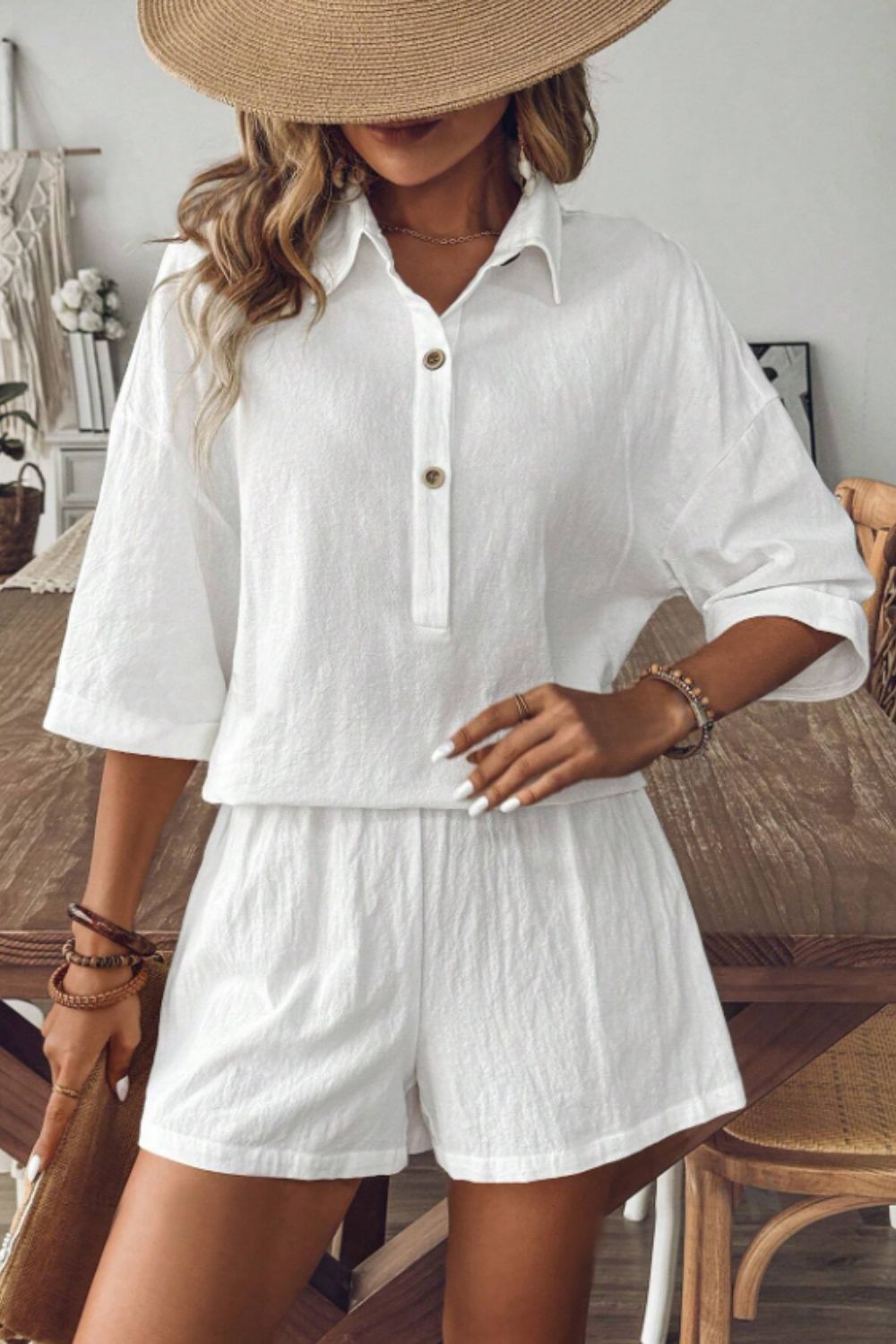 Collared Neck Half Sleeve Top and Shorts Set White S Women&