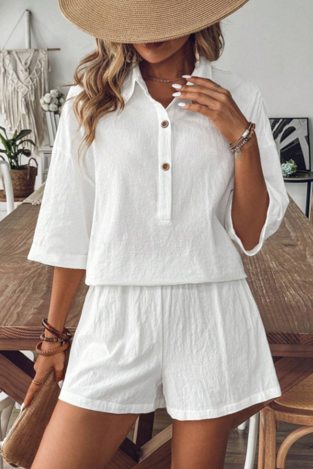 Collared Neck Half Sleeve Top and Shorts Set Women&