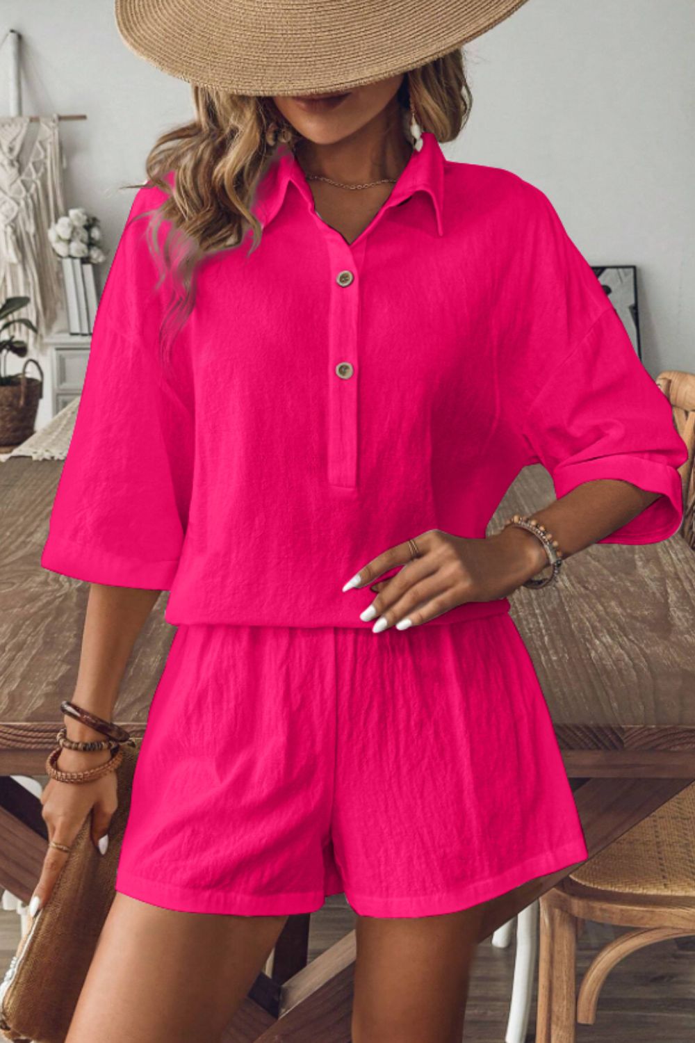 Collared Neck Half Sleeve Top and Shorts Set Women&