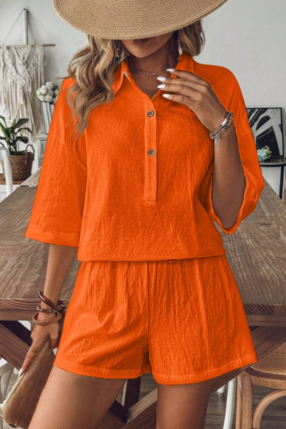 Collared Neck Half Sleeve Top and Shorts Set Women&