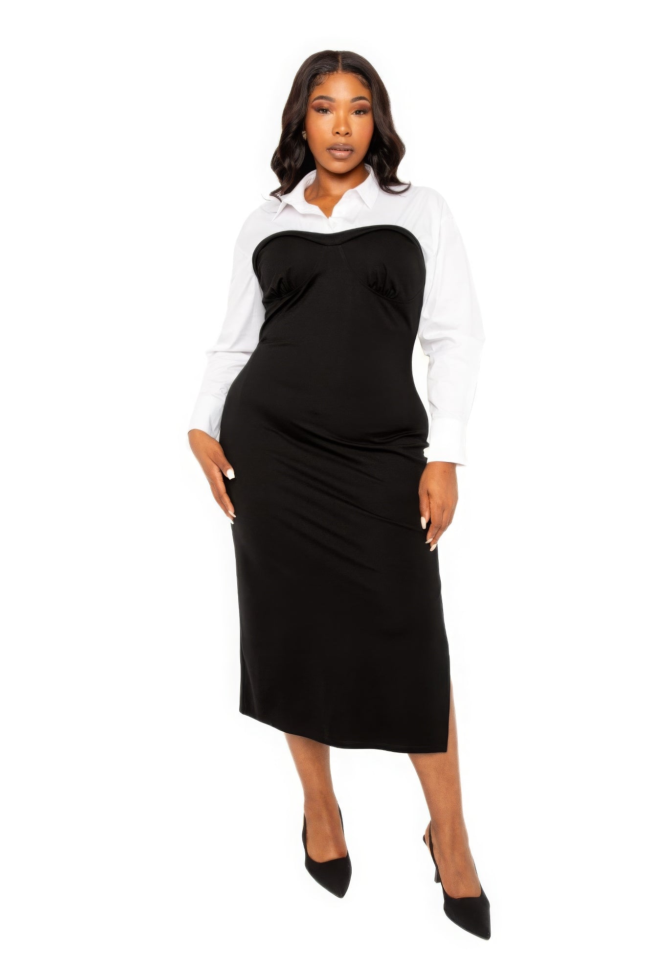Collared Shirt Bodycon Midi Dress With Side Slit by Fleurcouture | Fleurcouture