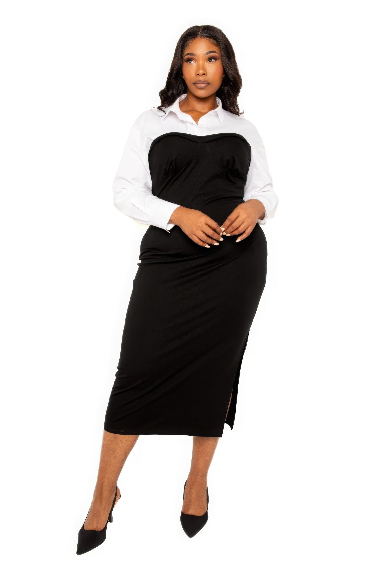 Collared Shirt Bodycon Midi Dress With Side Slit by Fleurcouture | Fleurcouture