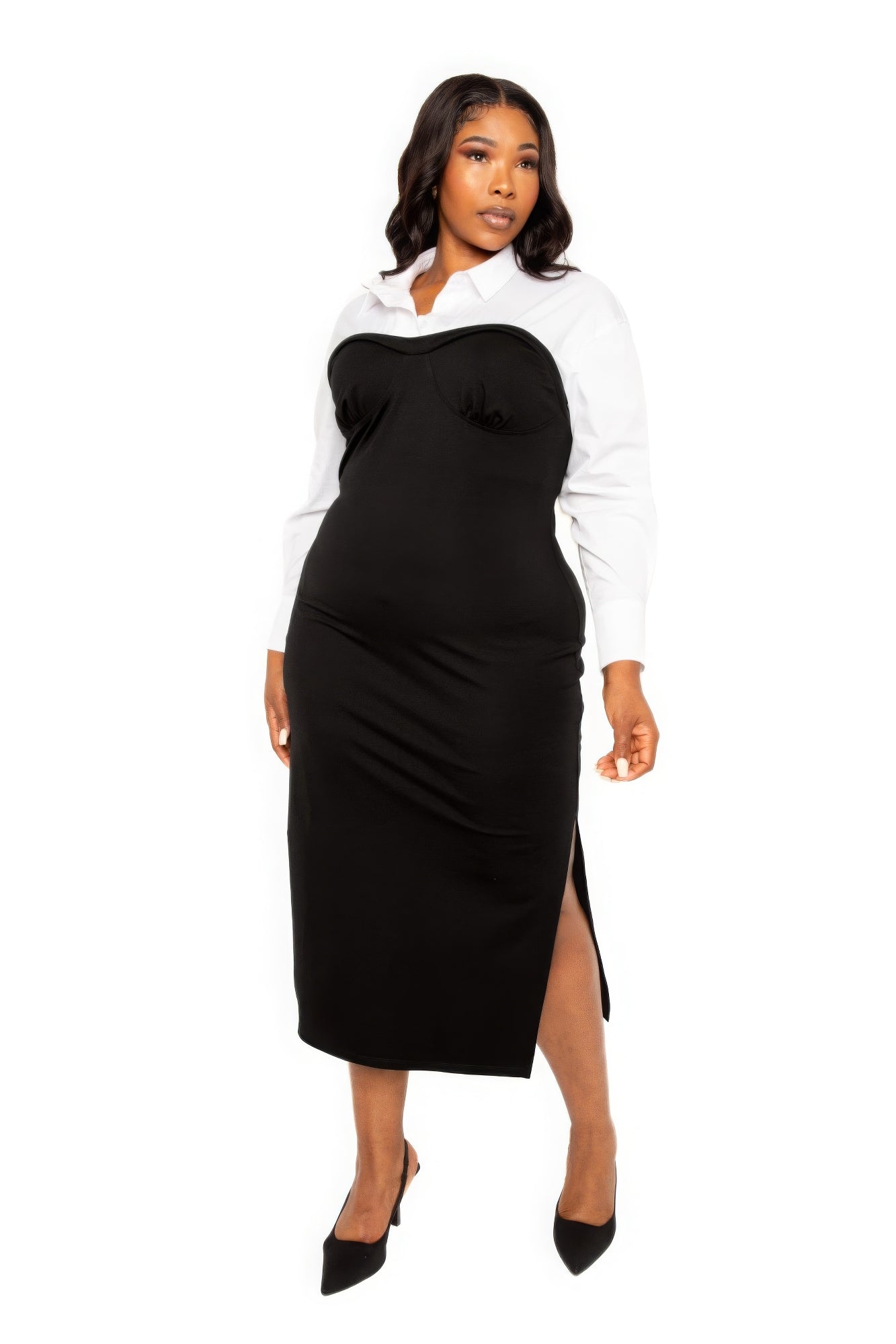 Collared Shirt Bodycon Midi Dress With Side Slit by Fleurcouture | Fleurcouture