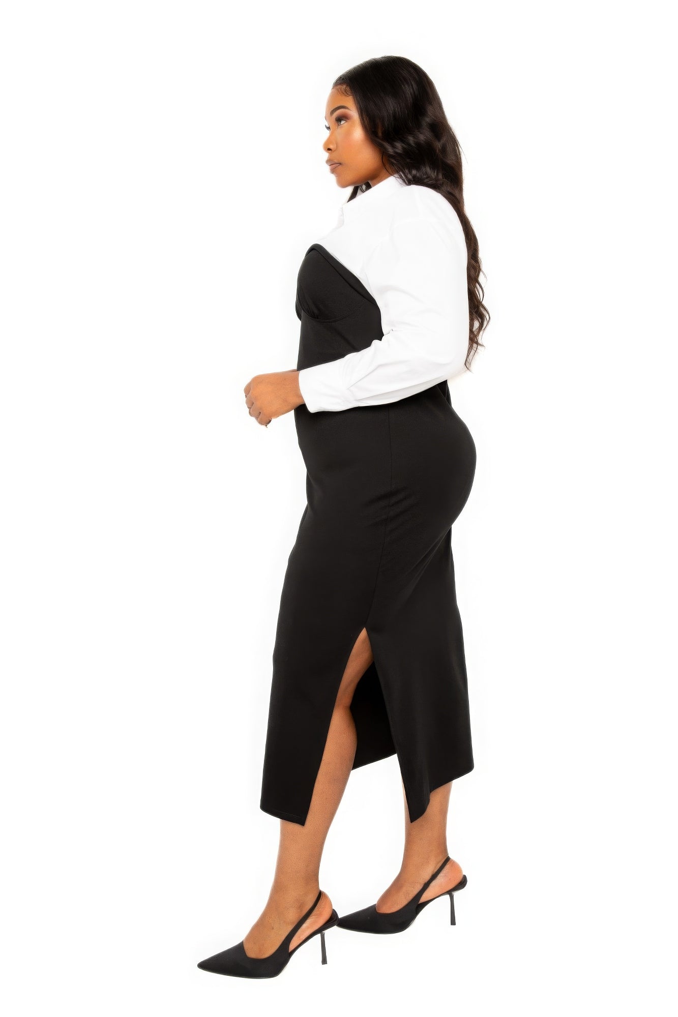 Collared Shirt Bodycon Midi Dress With Side Slit by Fleurcouture | Fleurcouture