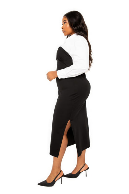 Collared Shirt Bodycon Midi Dress With Side Slit by Fleurcouture | Fleurcouture