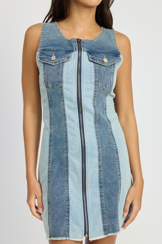COLOR BLOCK DENIM MINI DRESS DENIM COMBO by Emory Park | Fleurcouture