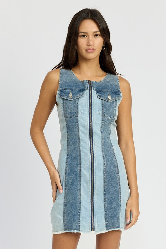 COLOR BLOCK DENIM MINI DRESS DENIM COMBO S by Emory Park | Fleurcouture