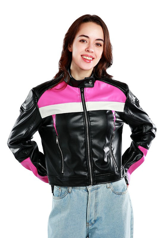 Color Block Faux Leather Biker Jacket BLACK&amp;PINK XL by Rag Company | Fleurcouture