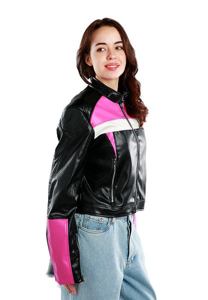 Color Block Faux Leather Biker Jacket BLACK&amp;PINK XL by Rag Company | Fleurcouture