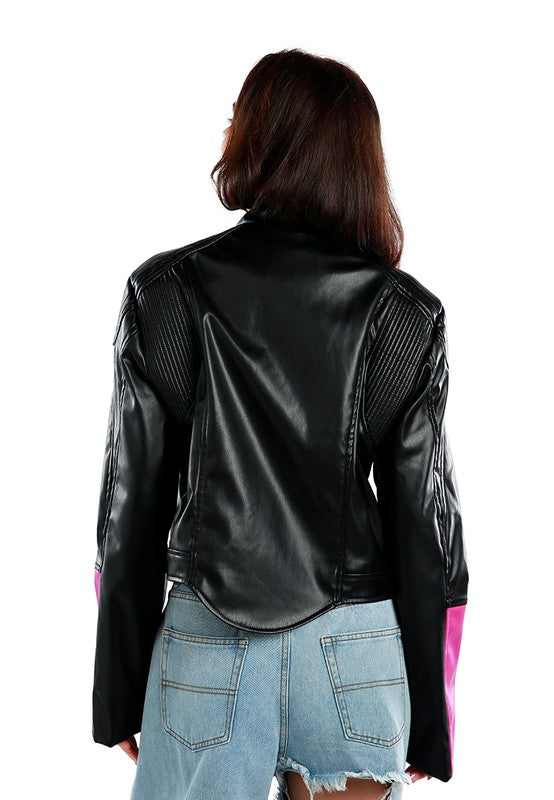 Color Block Faux Leather Biker Jacket BLACK&amp;PINK XL by Rag Company | Fleurcouture