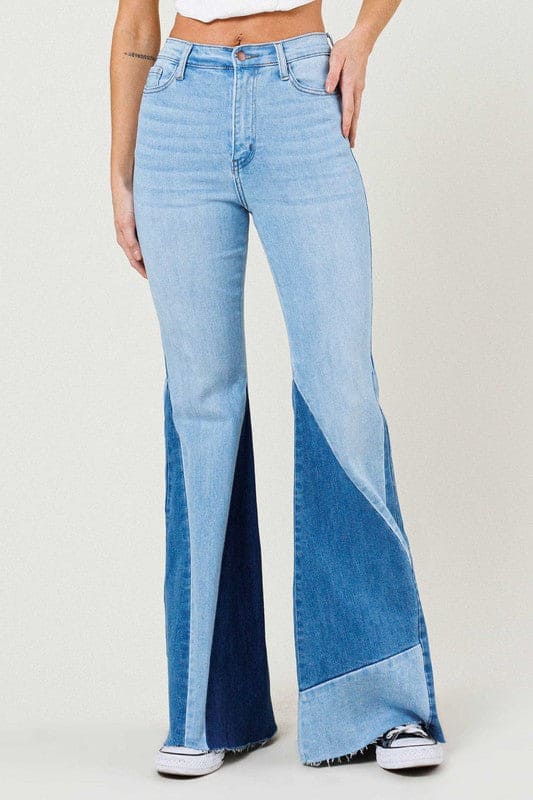 Color Block Side Slit Flare Jeans Light Stone Flare Jeans by Vibrant M.i.U | Fleurcouture