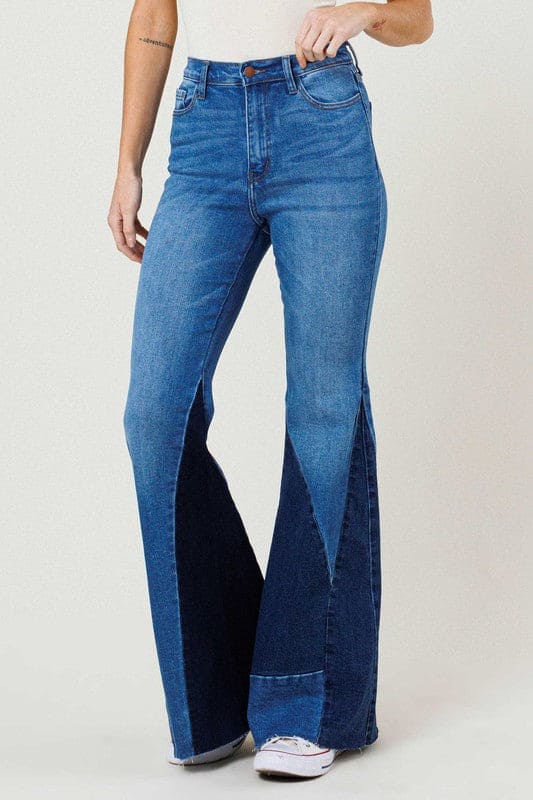 Color Block Side Slit Flare Jeans Medium Stone Flare Jeans by Vibrant M.i.U | Fleurcouture