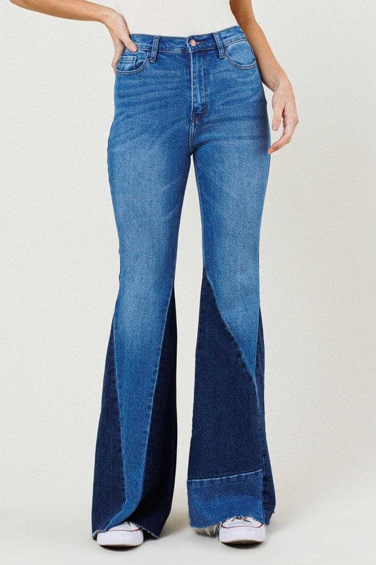 Color Block Side Slit Flare Jeans Medium Stone Flare Jeans by Vibrant M.i.U | Fleurcouture