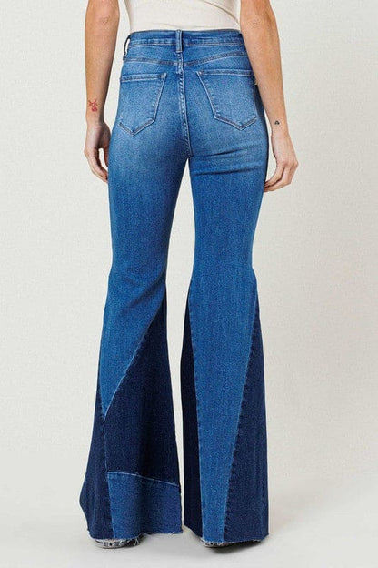 Color Block Side Slit Flare Jeans Medium Stone Flare Jeans by Vibrant M.i.U | Fleurcouture