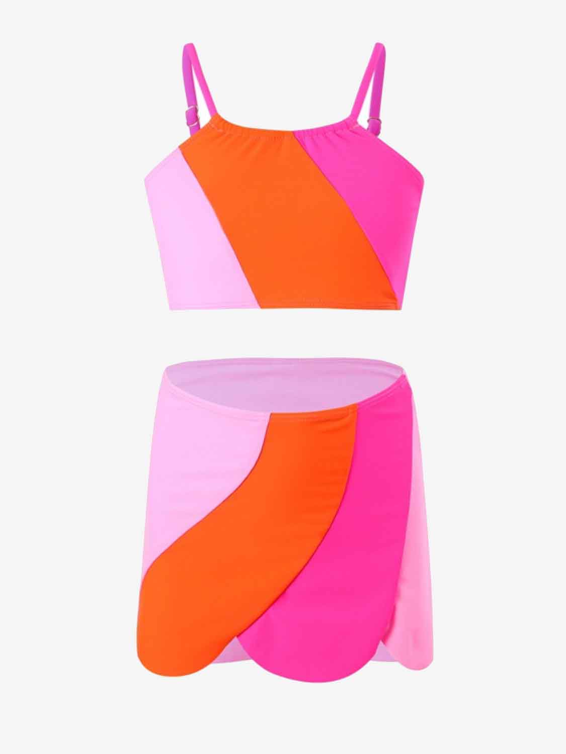 Color Block Top, Brief and Skirt Swim Set Carnation Pink 2-3 Kids by Trendsi | Fleurcouture