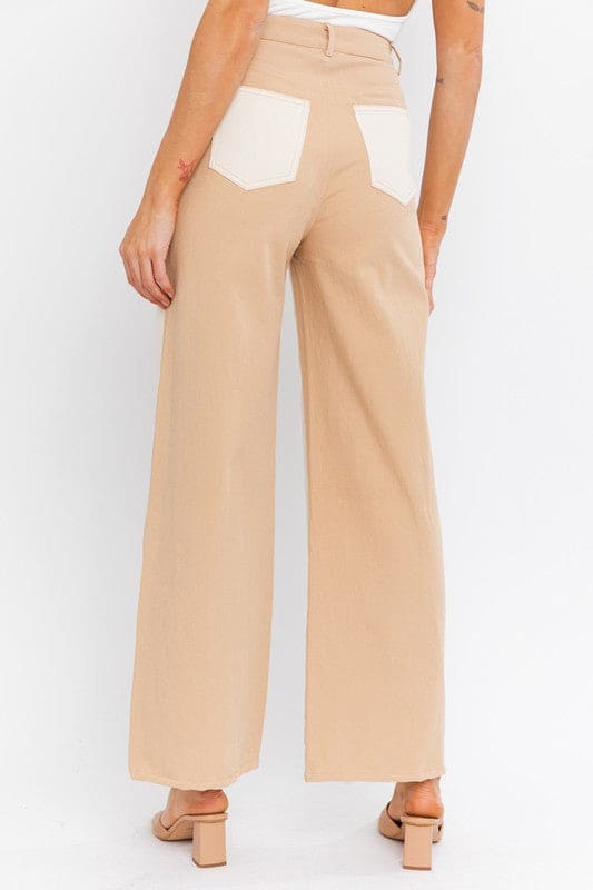 Color Block Twill Straight Pants CREAM-TAUPE L by LE LIS | Fleurcouture