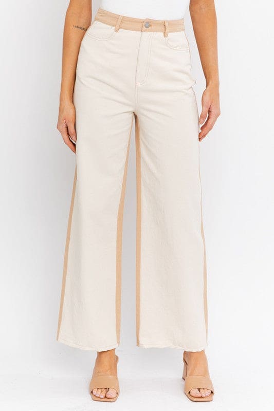 Color Block Twill Straight Pants CREAM-TAUPE L by LE LIS | Fleurcouture