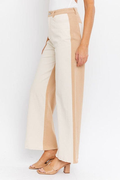 Color Block Twill Straight Pants CREAM-TAUPE L by LE LIS | Fleurcouture