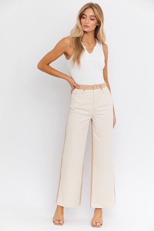 Color Block Twill Straight Pants CREAM-TAUPE L by LE LIS | Fleurcouture