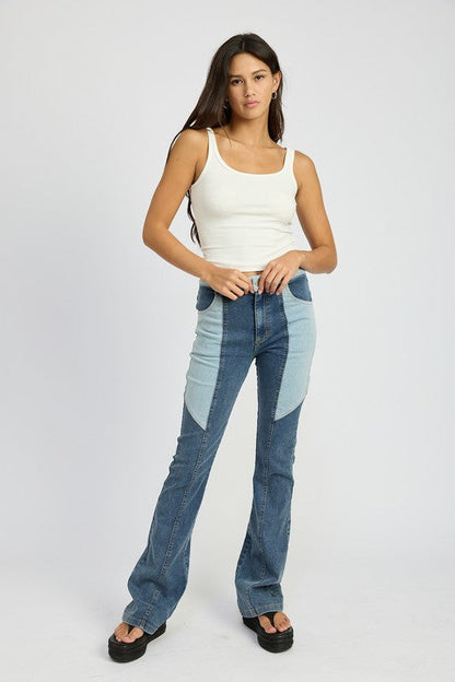 COLOR BLOCK WIDE LEG PANTS DENIM COMBO by Emory Park | Fleurcouture