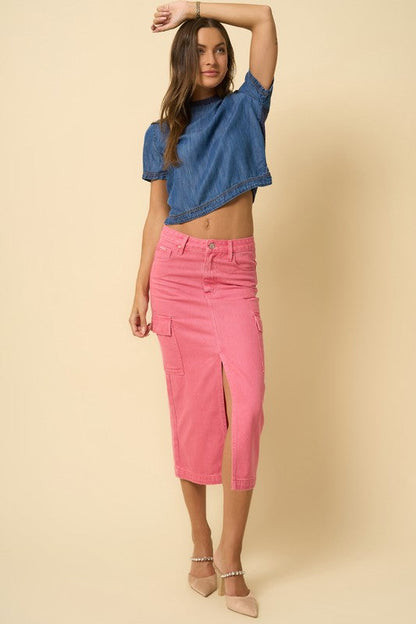 COLOR CARGO MIDI SKIRT DUSTY PINK by Denim Lab USA | Fleurcouture