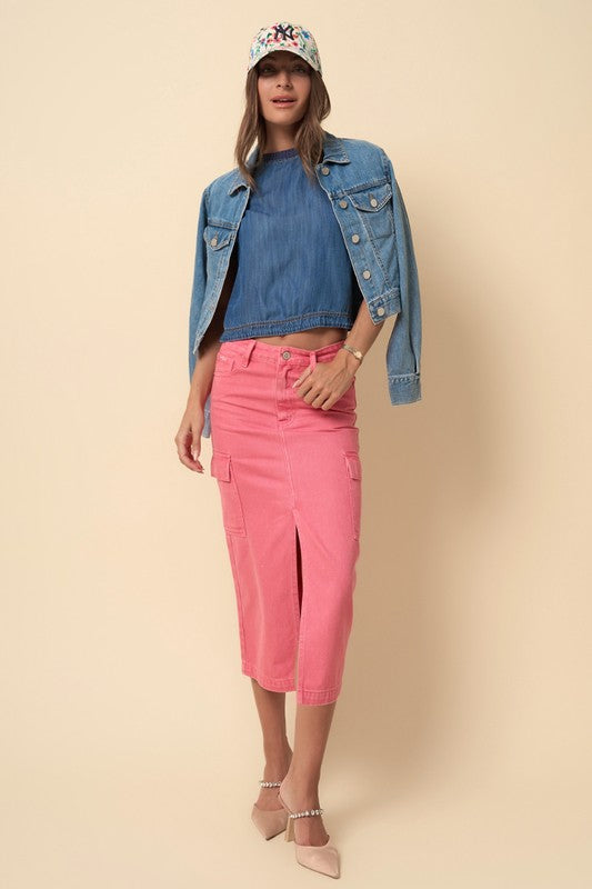 COLOR CARGO MIDI SKIRT DUSTY PINK by Denim Lab USA | Fleurcouture