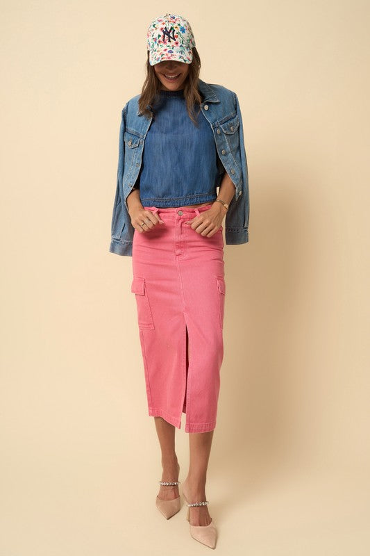 COLOR CARGO MIDI SKIRT DUSTY PINK by Denim Lab USA | Fleurcouture