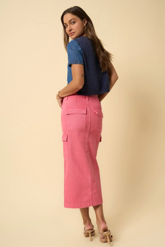 COLOR CARGO MIDI SKIRT DUSTY PINK by Denim Lab USA | Fleurcouture