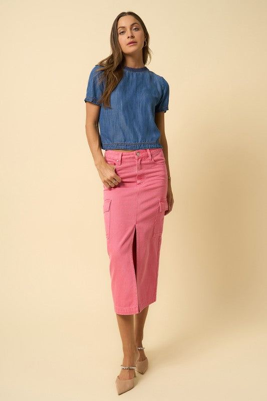 COLOR CARGO MIDI SKIRT DUSTY PINK S by Denim Lab USA | Fleurcouture