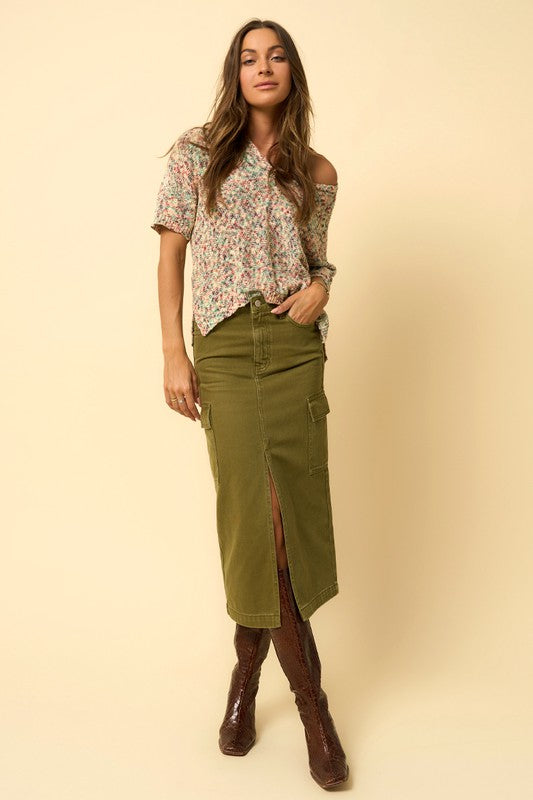 COLOR CARGO MIDI SKIRT TRUE OLIVE by Denim Lab USA | Fleurcouture