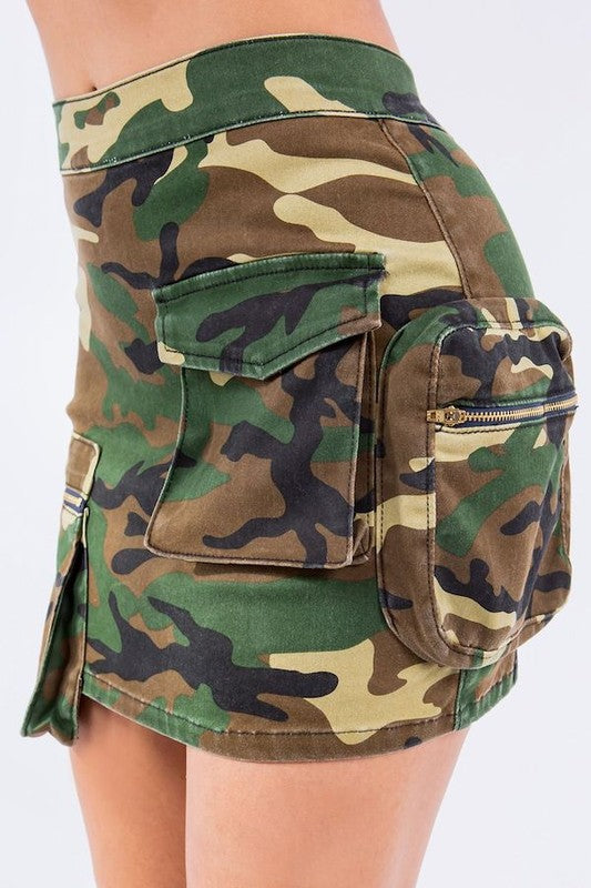 Combat Cargo Denim Skirt Camouflage S by GJG Denim | Fleurcouture