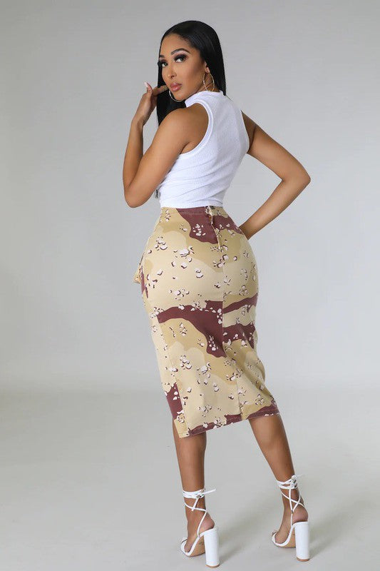 Combat Cargo Pencil Skirt in Desert Camo Camouflage S by GJG Denim | Fleurcouture