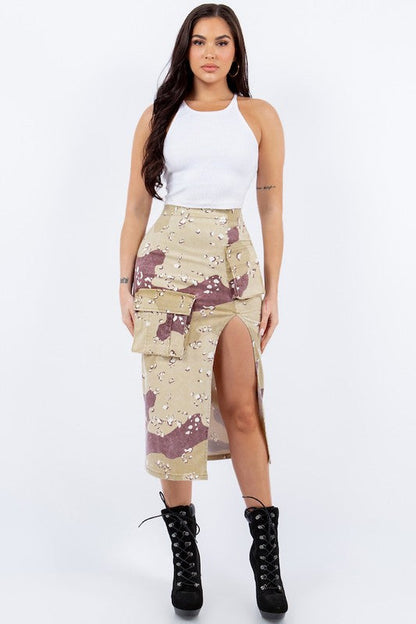 Combat Cargo Pencil Skirt in Desert Camo Camouflage S by GJG Denim | Fleurcouture