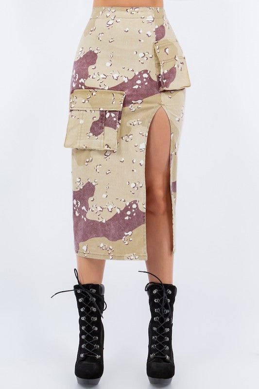 Combat Cargo Pencil Skirt in Desert Camo Camouflage S by GJG Denim | Fleurcouture