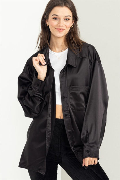 Completely Charmed Oversized Satin shirt BLACK S by HYFVE | Fleurcouture