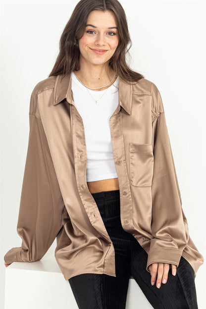 Completely Charmed Oversized Satin shirt BROWN S by HYFVE | Fleurcouture