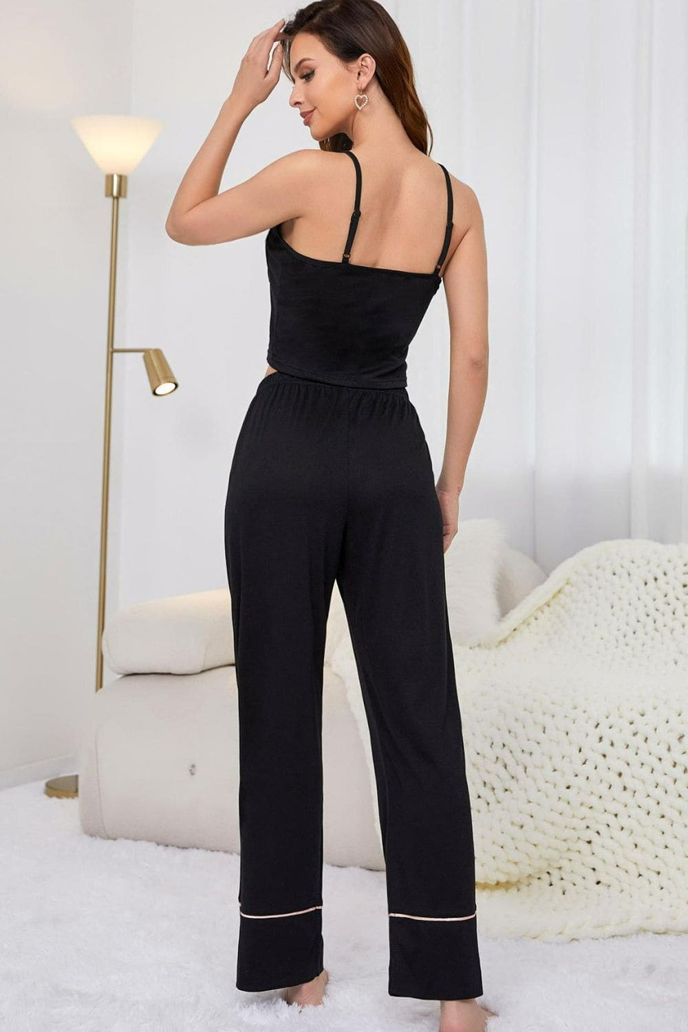 Contrast Trim Cropped Cami and Pants Loungewear Set Black by Trendsi | Fleurcouture