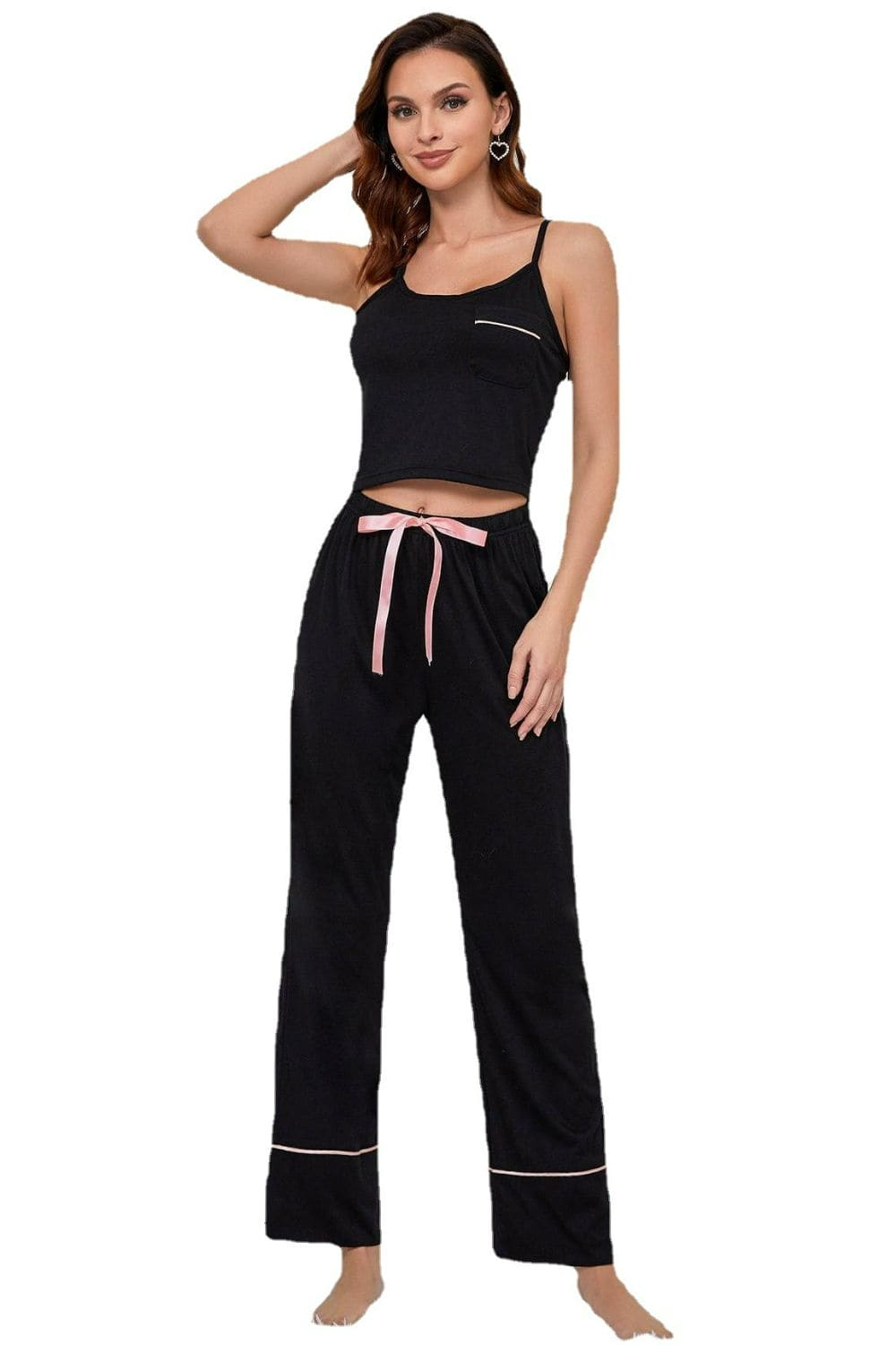 Contrast Trim Cropped Cami and Pants Loungewear Set Black by Trendsi | Fleurcouture