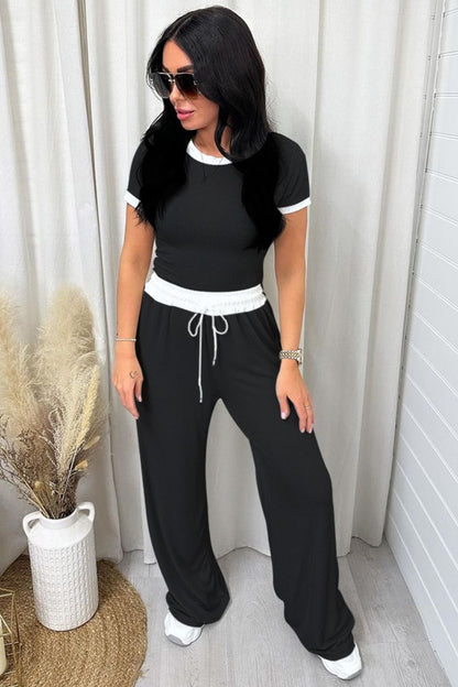 Contrast Trim Round Neck Top and Pants Set Women&