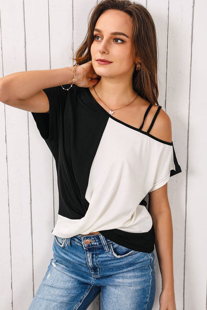 Contrast Twisted Asymmetrical Neck Top Black-White S by Trendsi | Fleurcouture