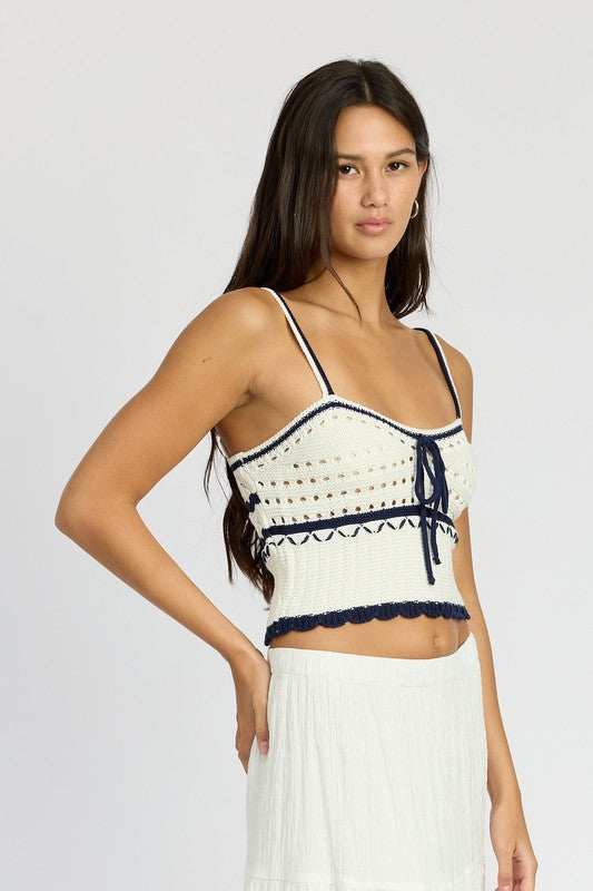 CONTRASTED CROCHET CROP TOP OFF WHITE NAVY by Emory Park | Fleurcouture