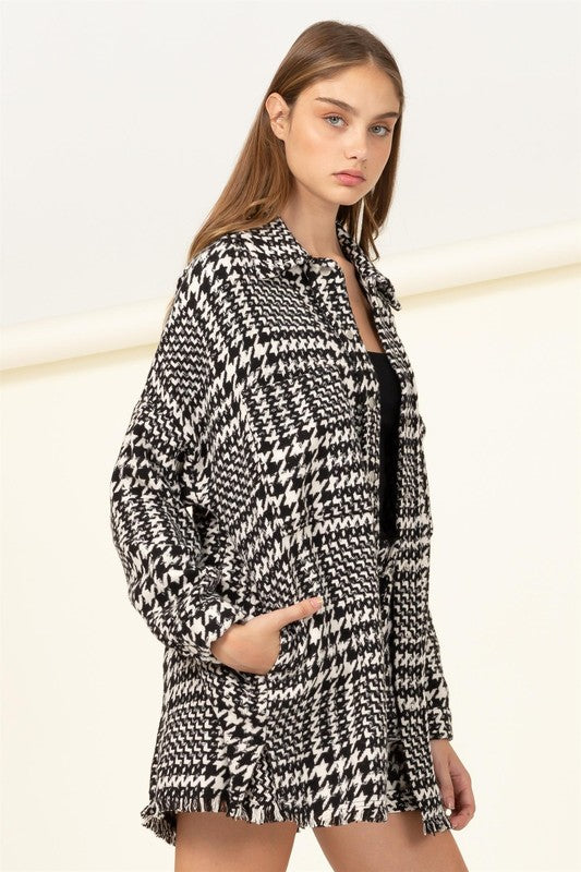 Cool Comeback Houndstooth Pattern Shacket BLACK by HYFVE | Fleurcouture