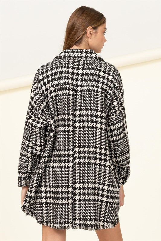 Cool Comeback Houndstooth Pattern Shacket BLACK by HYFVE | Fleurcouture